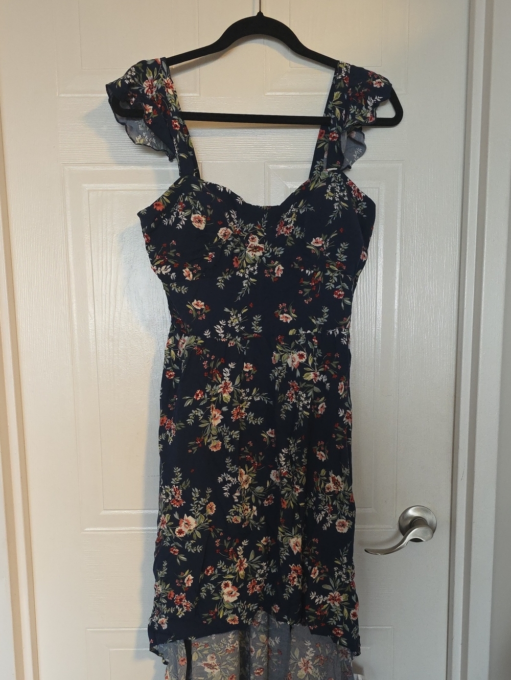 Floral Navy Midi Dress with Ruffle Straps